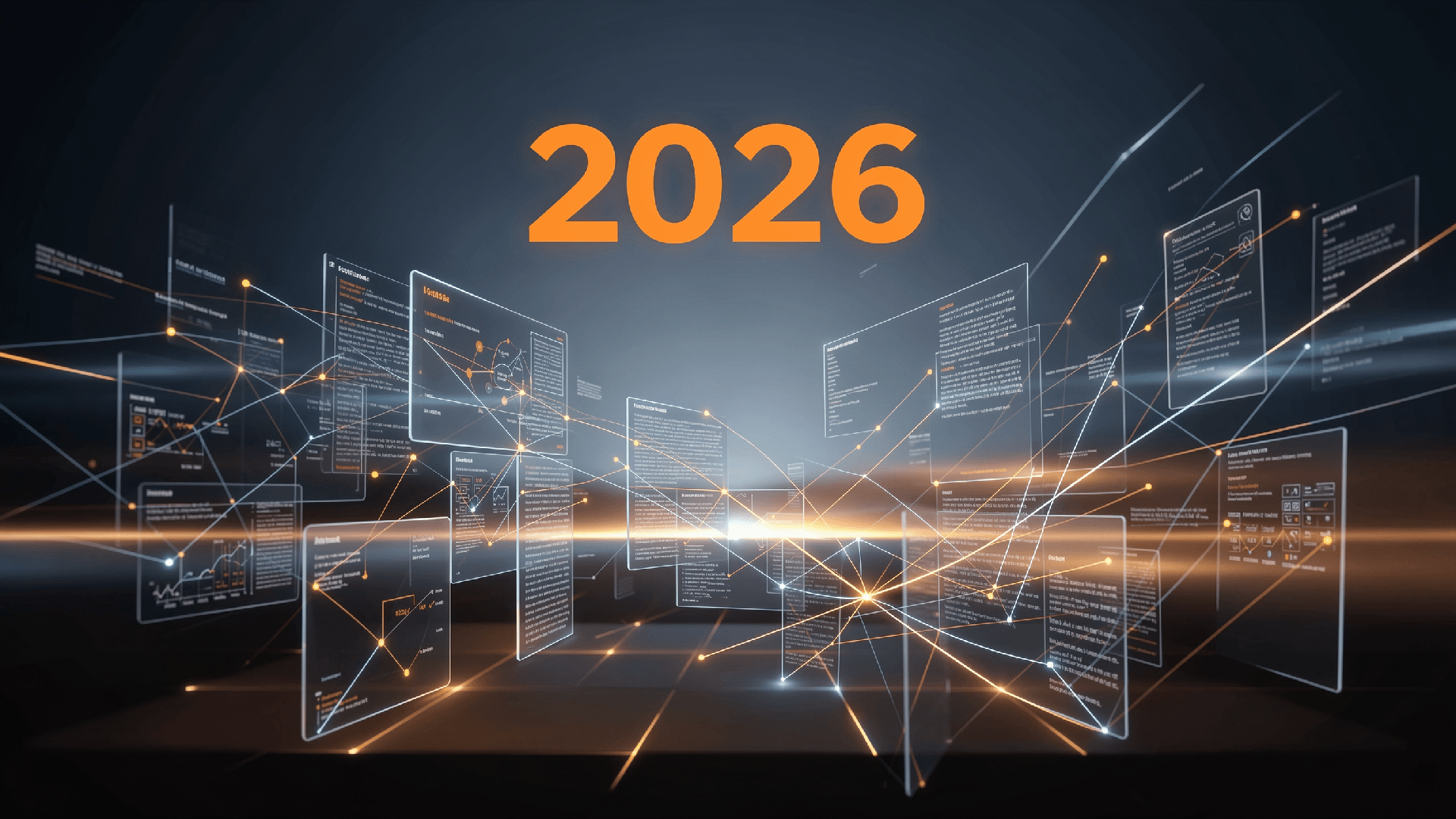 schwebende Diagramme, Linien und Punkte, im Hintergrund steht die Zahl 2026