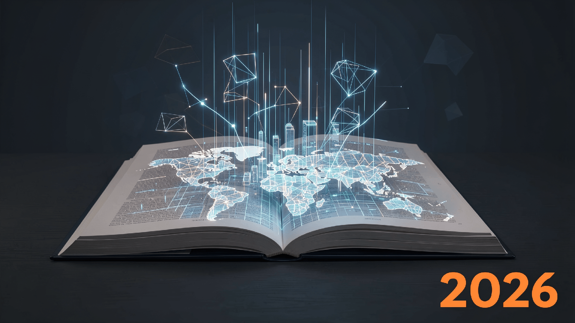 Neue Erkenntnisse für 2026 Ein offenes Buch mit schwebenden Linien. Unten rechts steht die Zahl 2026.