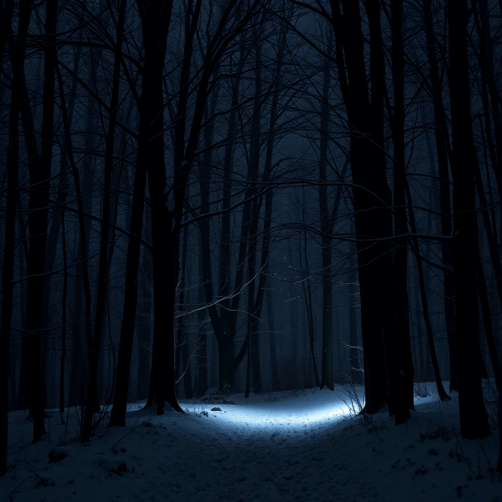 Eine stille Nacht im Wald mit fallendem Schnee