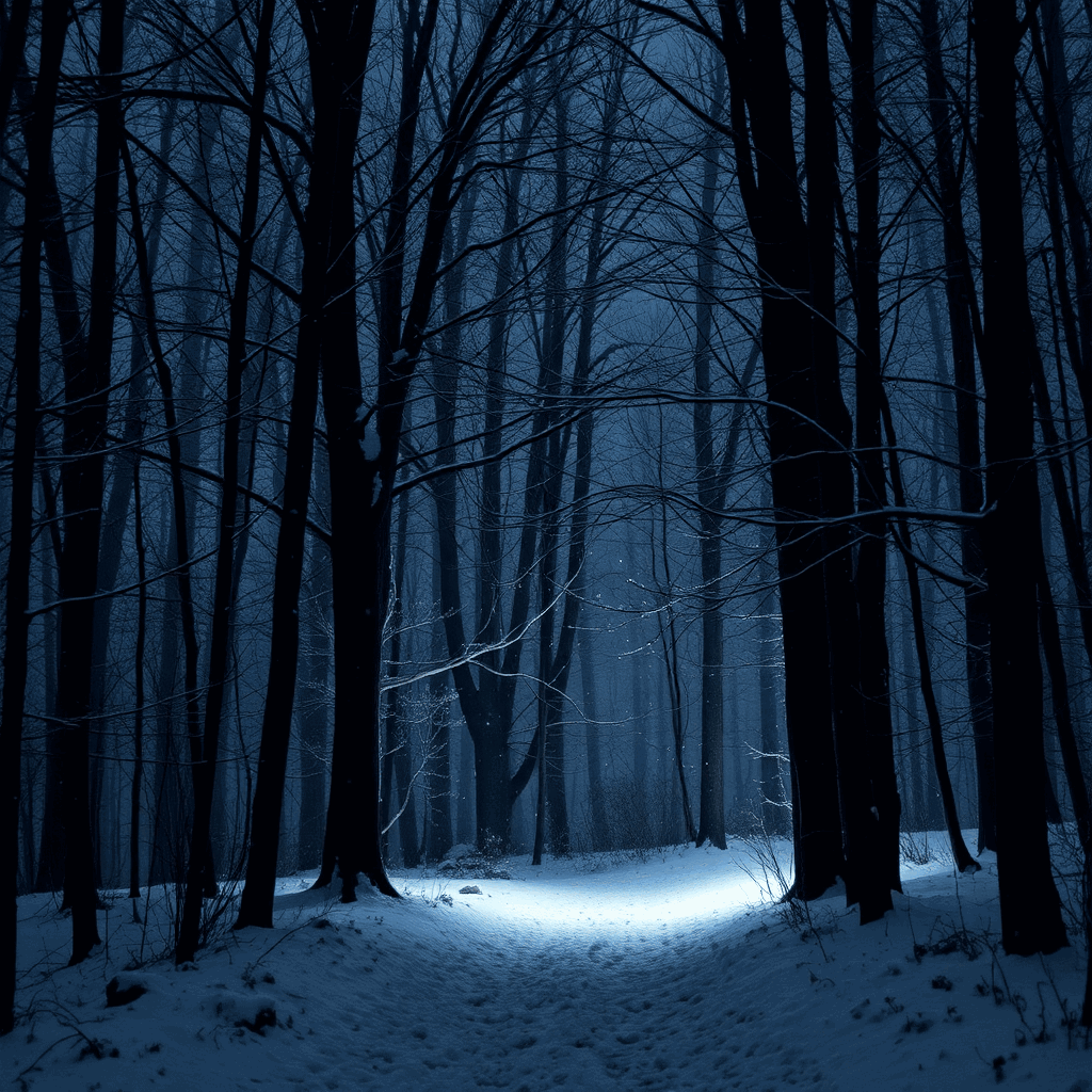 Eine stille Nacht im Wald mit fallendem Schnee