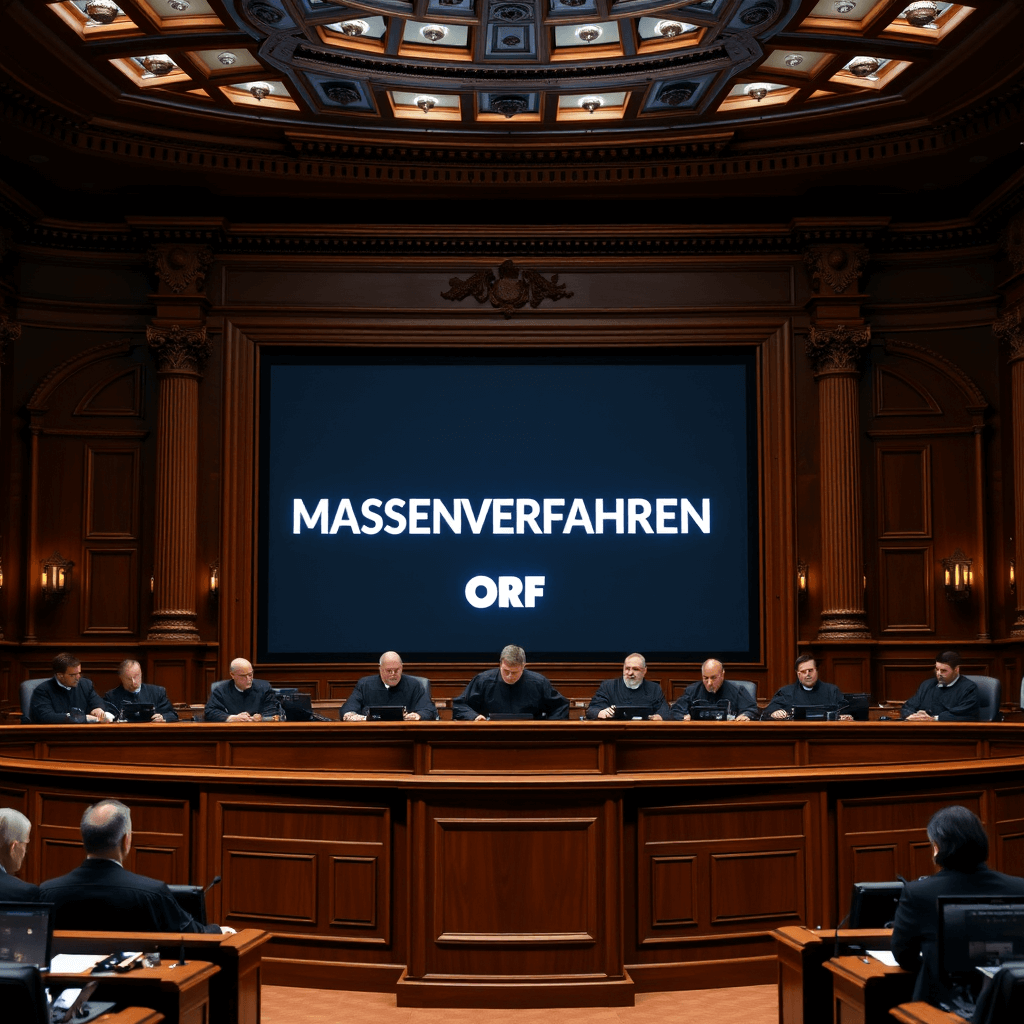Mehrere Richter sitzen in einem Gerichtssaal mit einem großen Bildschirm auf dem "Massenverfahren ORF" steht