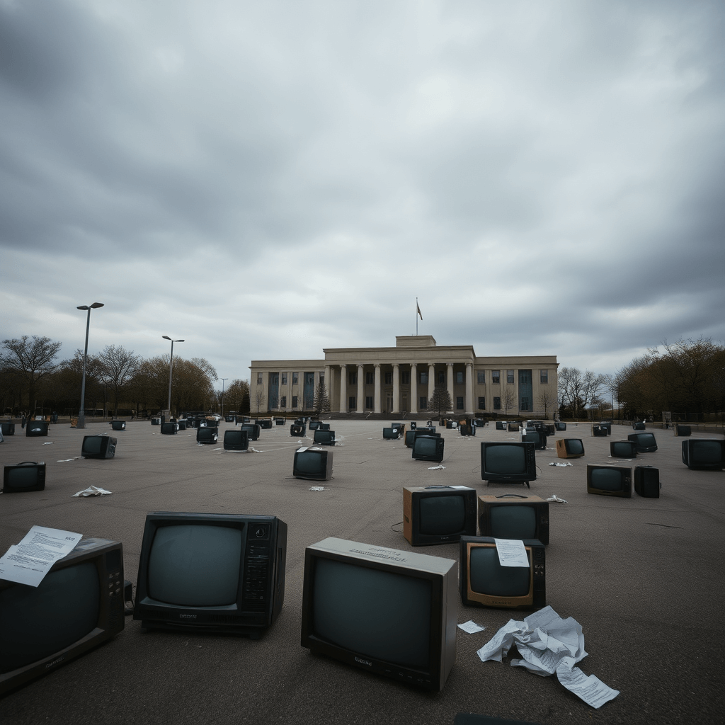Ein großer, leerer Platz auf dem verstreut alte Fernsehgeräte und zerknüllte Zahlungsbescheide liegen