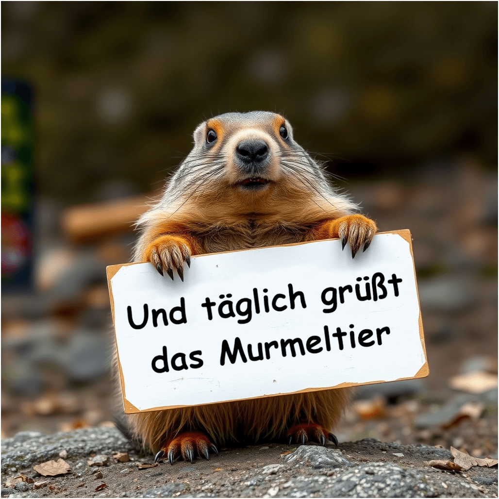 Robert Zerbe / Und täglich grüßt das Murmeltier / ComfyUI - flux1-schnell-fp8 Ein Murmeltier hält ein Schild mit der Aufschrift "Und täglich grüßt das Murmeltier"