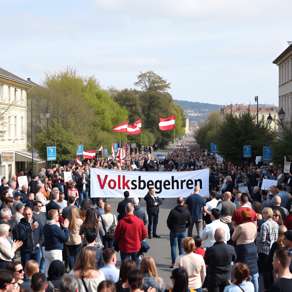 Eine breite Straße ist für das Volksbegehren ORF-Haushaltsabgabe NEIN mit vielen Menschen abgesperrt
