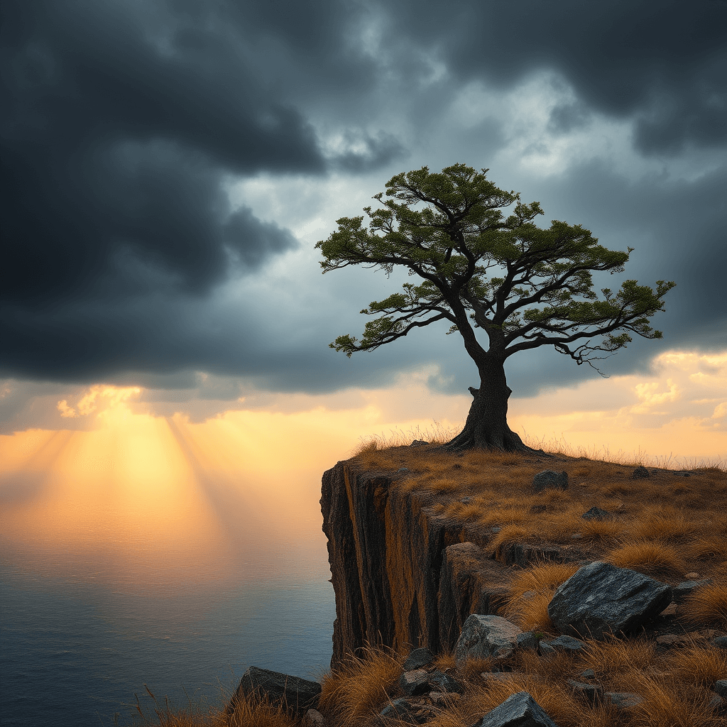Robert Zerbe / Ein einsamer, fest verwurzelter Baum auf einer windgepeitschten Klippe / ComfyUI - flux1-schnell-fp8 Ein einsamer, fest verwurzelter Baum auf einer windgepeitschten Klippe