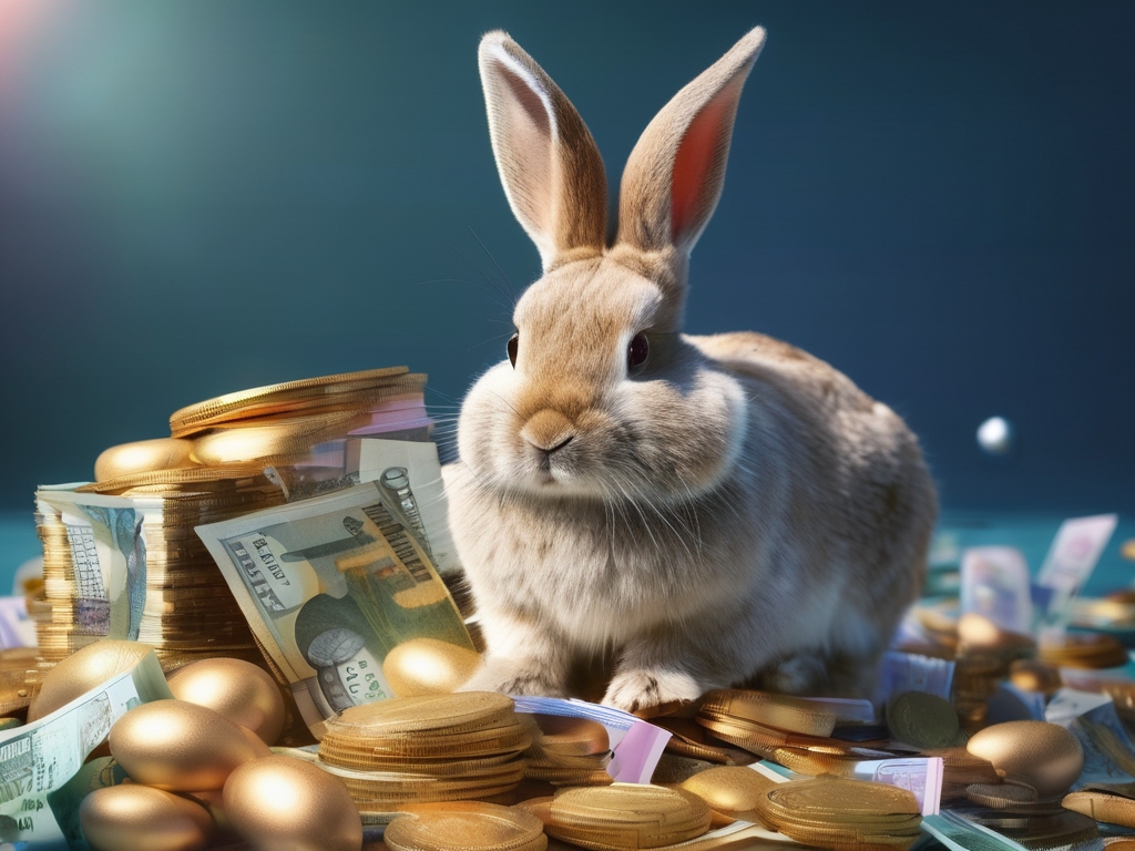 Ein Osterhase sitzt auf viel Geld