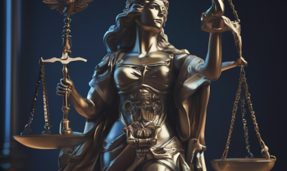 Statue der Justitia, die eine Waage mit zwei Waagschalen hält – Symbol für Gerechtigkeit und Unparteilichkeit