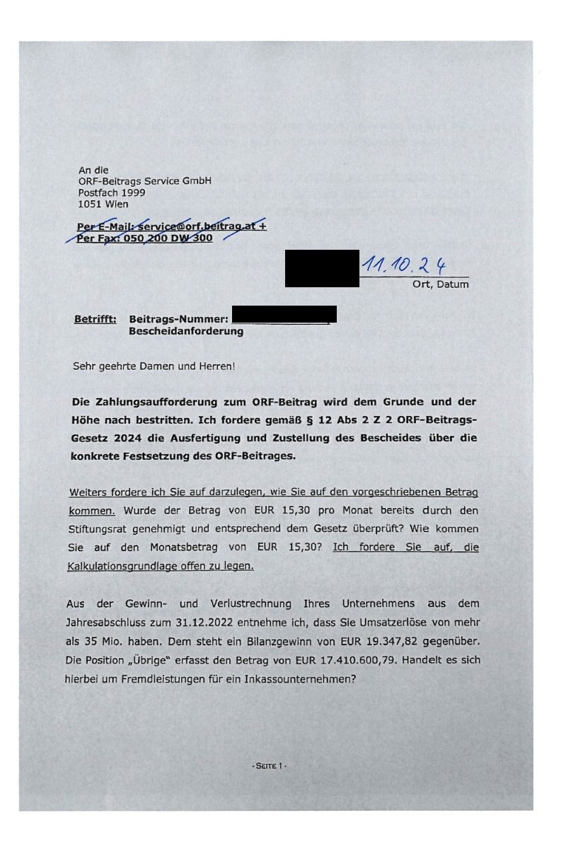 Bescheidanforderung von der OBS Seite 1