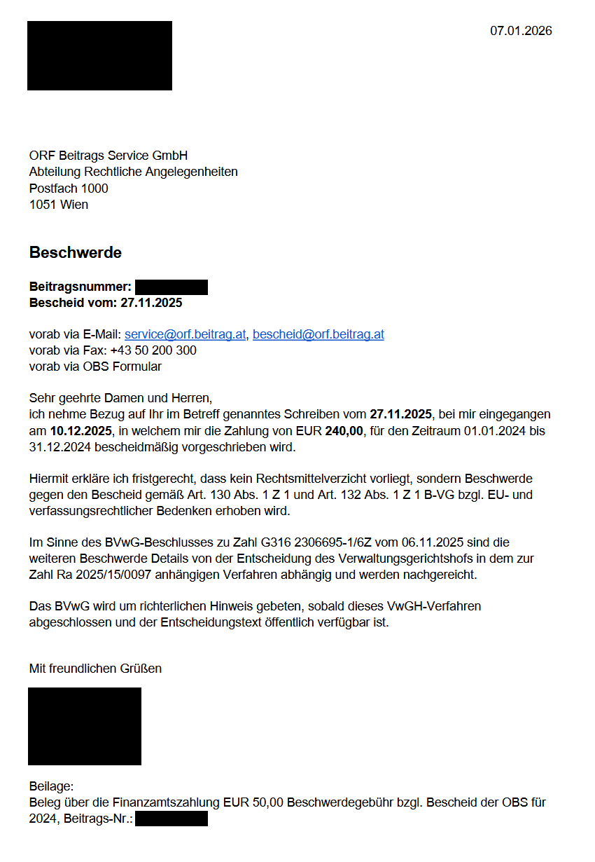 Beschwerde beim Bundesverwaltungsgericht gegen die OBS Seite 1