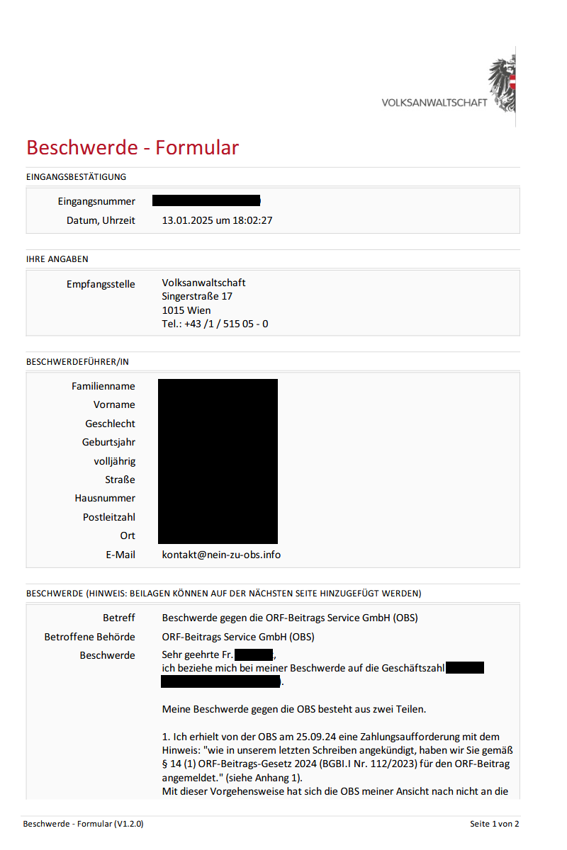 Beschwerde bei der Volksanwaltschaft gegen die OBS Seite 1